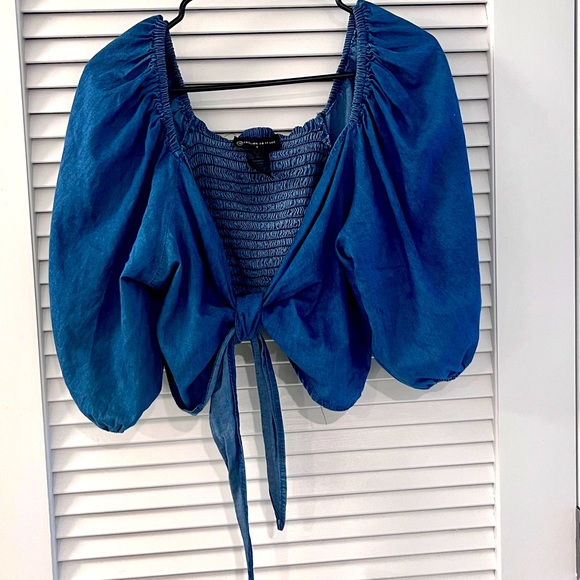 Plus Sz 1X Bow Front Tie Denim Crop Top 100% Cotton - Picture 4 of 12